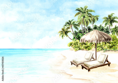 Tropical summer palm beach with chairs and sun umbrella. Sea  sand and blue sky  summer vacation concept and background. Hand drawn watercolor illustration