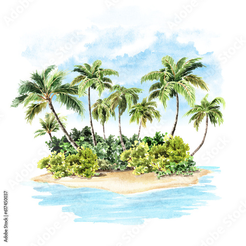 Tropical summer palm island beach. Sea, sand and blue sky, summer vacation concept. Hand drawn watercolor illustration isolated on white background