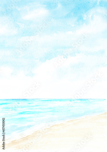Seascape.Tropical beach  Sea  sand and blue sky  summer vacation concept and background. Hand drawn watercolor illustration