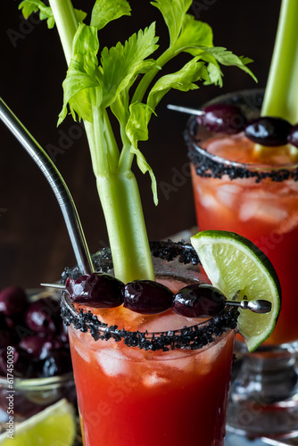 A Caesar cocktail with a black rock salted rim, garnished with black olives. photo