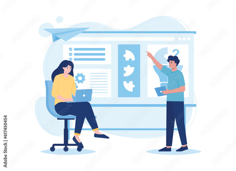 Together looking for business solutions via online, jigsaw bulb trending flat illustration Together looking for business solutions via online, jigsaw bulb trending flat illustration