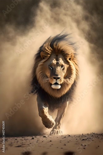 lion running in dust front view 