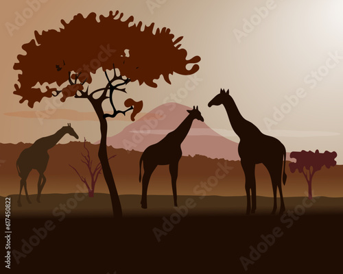 African savannah landscape with giraffe silhouettes  midday sun  red and brown colors. Vector illustration.