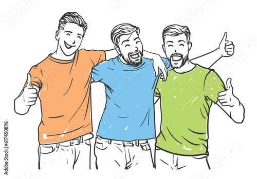 Three male best friends are laughing enjoying together free hand vector drawing