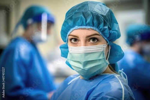 Surgeon or nurse in operating room with another in the background