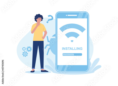 Lost wireless connection, no wifi signal internet on display smartphone trending flat illustration