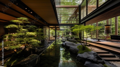 Modern house with Japanese garden. Gen AI  