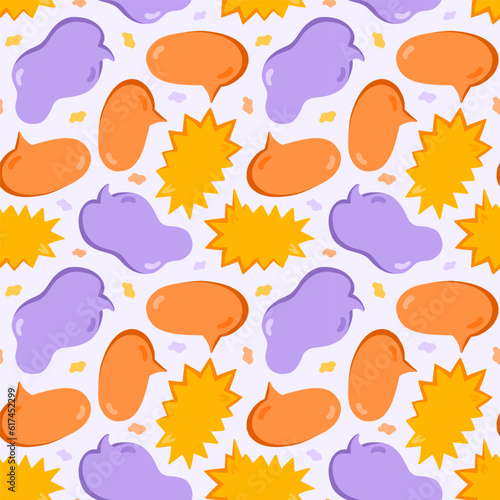 Cute seamless pattern with hand drawn speech bubbles. Backdrop with doodle Oval, round, square, cloud, heart shaped chat cloudsfor text, talk phrases, information. Background for teen design template