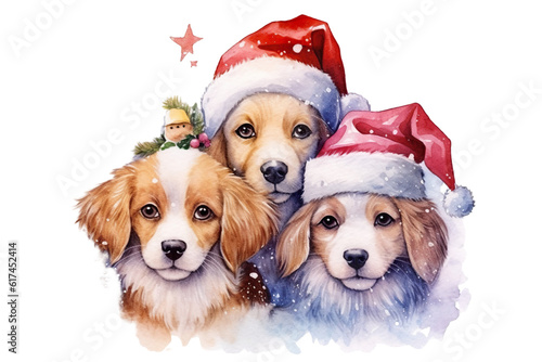 Watercolor Christmas cute couple of puppies on white background isolated PNG © JetHuynh