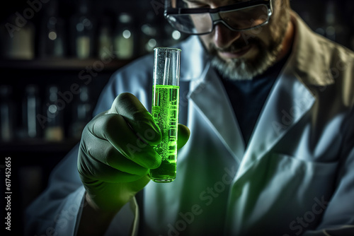 Generative AI image of crop male scientist in lab coat and glasses with liquid in test tube while conducting chemical experiment in lab photo