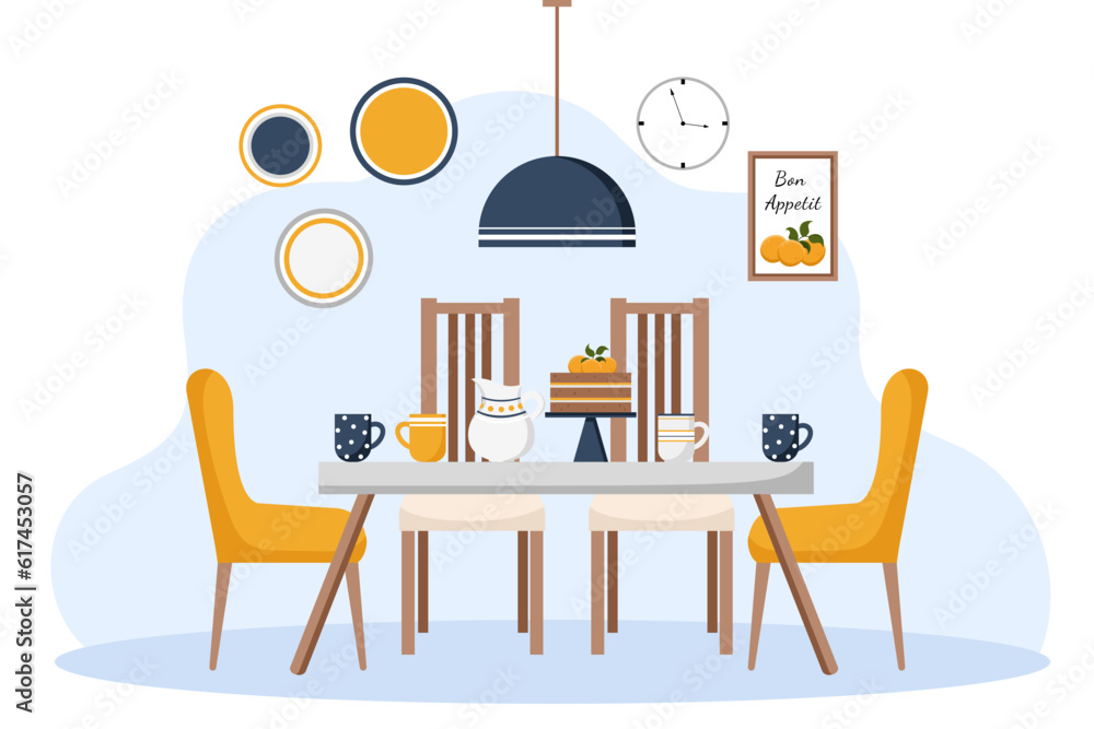Fototapeta premium Modern style dining room in navy blue, orange and white tones. Interior and furniture collection. Scandinavian design. Vector cartoon flat illustration
