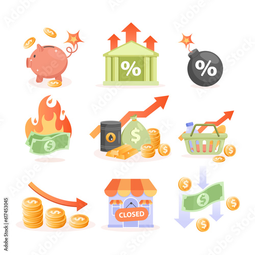 Economic crisis, rising interest rate vector illustrations set. Drawings of increasing prices on products and oil, business failure, decreasing income. Banking, inflation, bankruptcy, economy concept