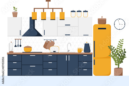 Modern style kitchen in navy blue, orange and white tones. Interior and furniture collection. Scandinavian design. Vector cartoon flat illustration