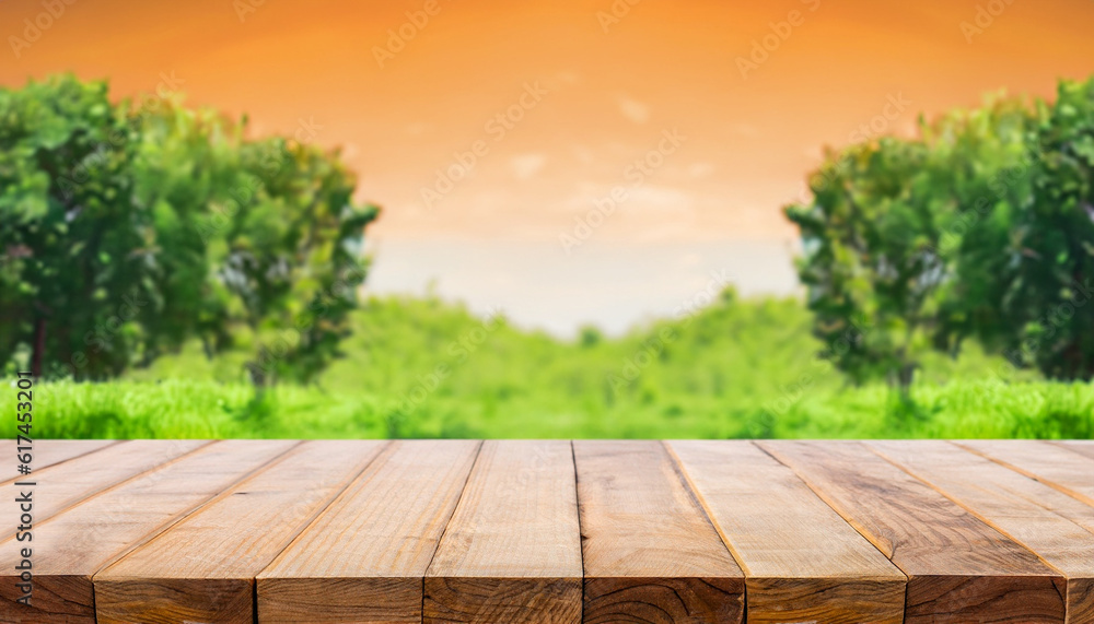 display wooden table and green background