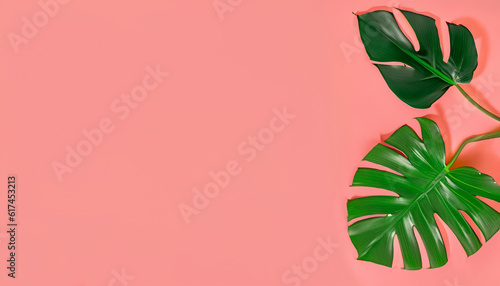 monstera tropical leaves with shadow on light color background minimal summer with copy