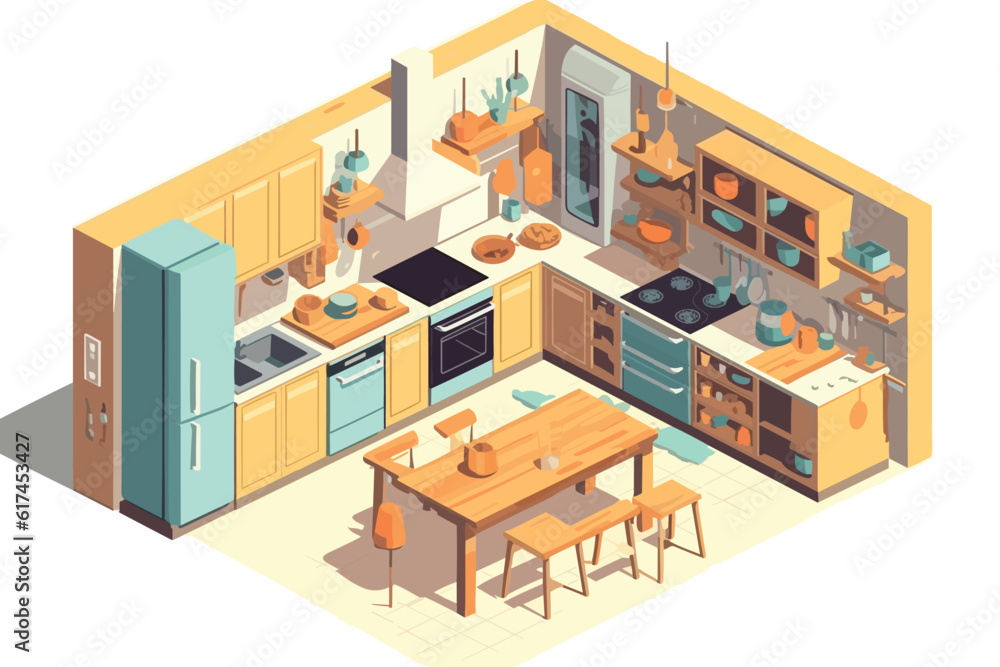 Isometric Flat Conceptual, 3d render of a modern room Illustration of Kitchen with white background. Isometric Flat Conceptual, 3d render of a modern room Illustration of Kitchen with white background.