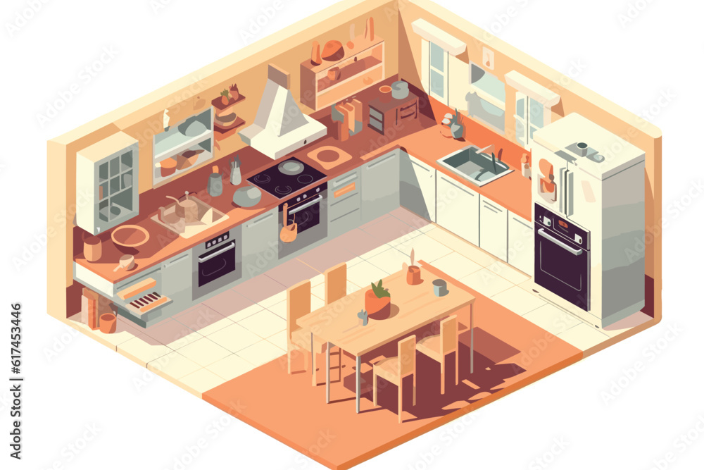 Isometric Flat Conceptual, 3d render of a modern room Illustration of Kitchen with white background.