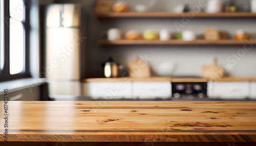 wooden table top on blurred kitchen background for montage display product