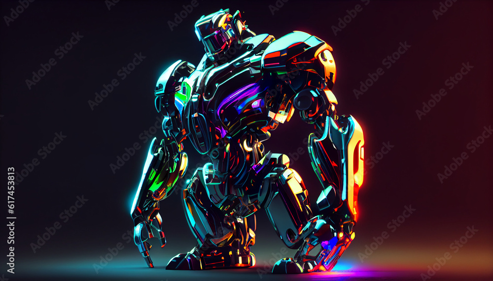 Chrome colorful robot, neon light. Artificial intelligence concept Ai generated image