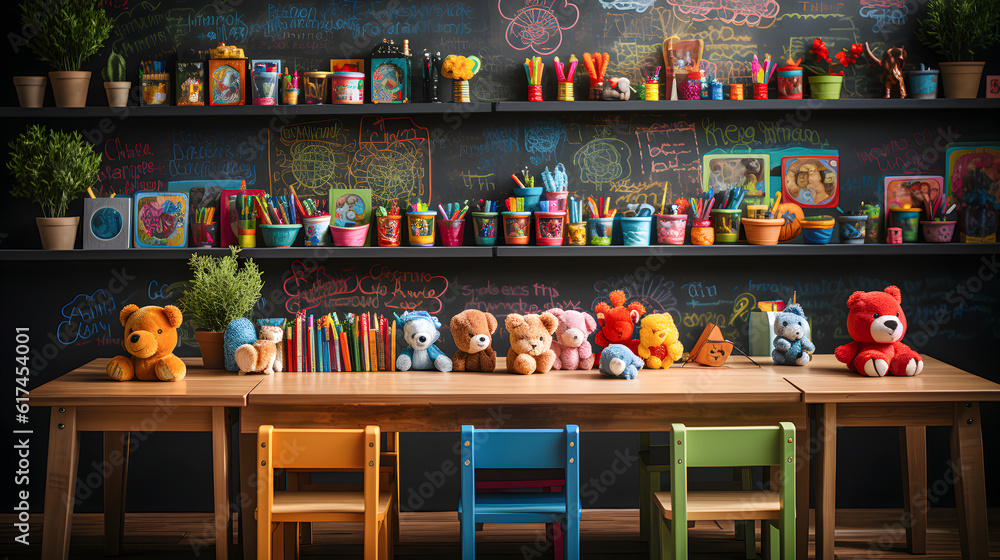 Nursery classroom with small colorful chairs, children's toys and a blackboard with children's drawings. Preschool. Back to school. Generative ai