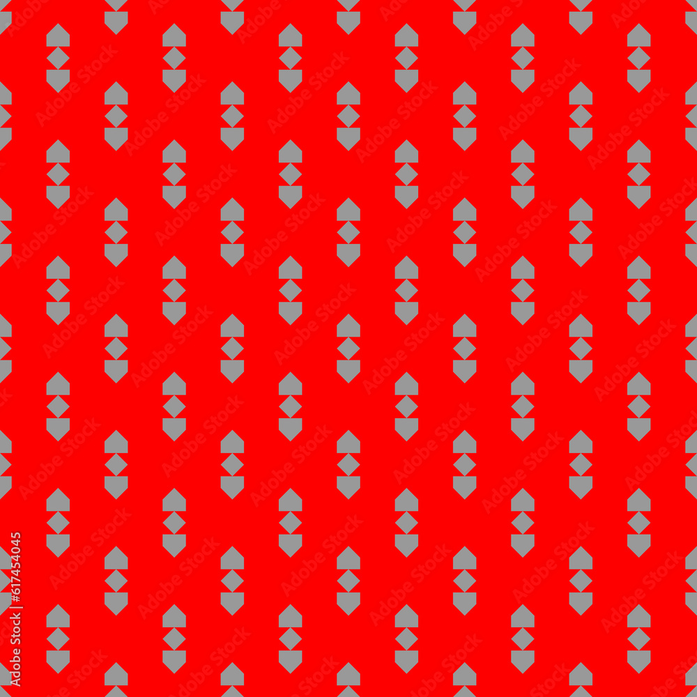 Repeated grey figures on red background. Ethnic wallpaper. Seamless surface pattern design with arrows ornament. Rhombuses and pentagons motif. Digital paper for textile print, web designing. Repeated grey figures on red background. Ethnic wallpaper. Seamless surface pattern design with arrows ornament. Rhombuses and pentagons motif. Digital paper for textile print, web designing.