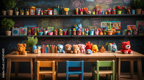 Nursery classroom with small colorful chairs, children's toys and a blackboard with children's drawings. Preschool. Back to school. Generative ai
