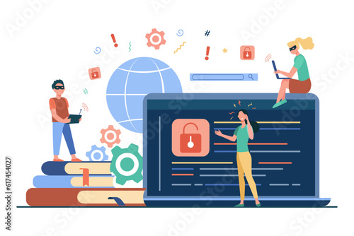 Teenagers threatening internet security vector illustration. Young hackers with laptops and smartphones attacking IT networks, hacking accounts and devices. Cybersecurity, data protection concept