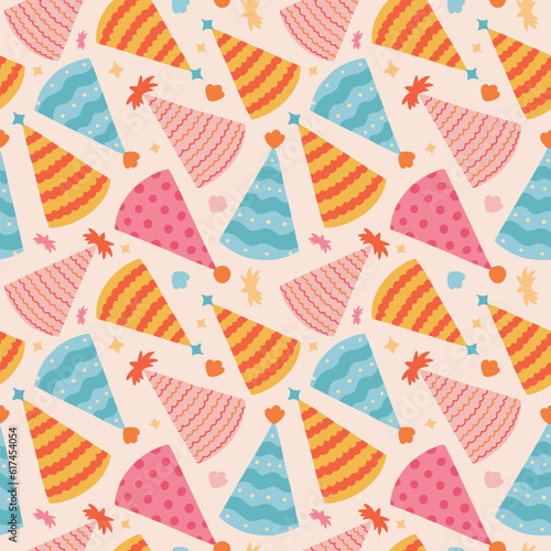 Cute seamless pattern with birthday party hats in groovy style. Childish design with holiday caps for wrapping paper, prints, background, fabric, scrapbook. Bright holiday digital paper for kids