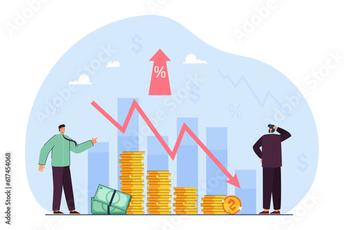 Banks rising interest rates vector illustration. Angry businessman pointing at money chart with inflation going down and percentage increasing. Recession, banking, rising inflation concept