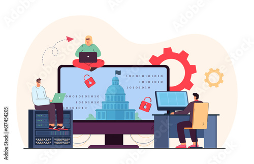 Hackers attacking government websites vector illustration. Group of people with laptops breaking in state infrastructure, threatening national security. Cybersecurity, data protection concept