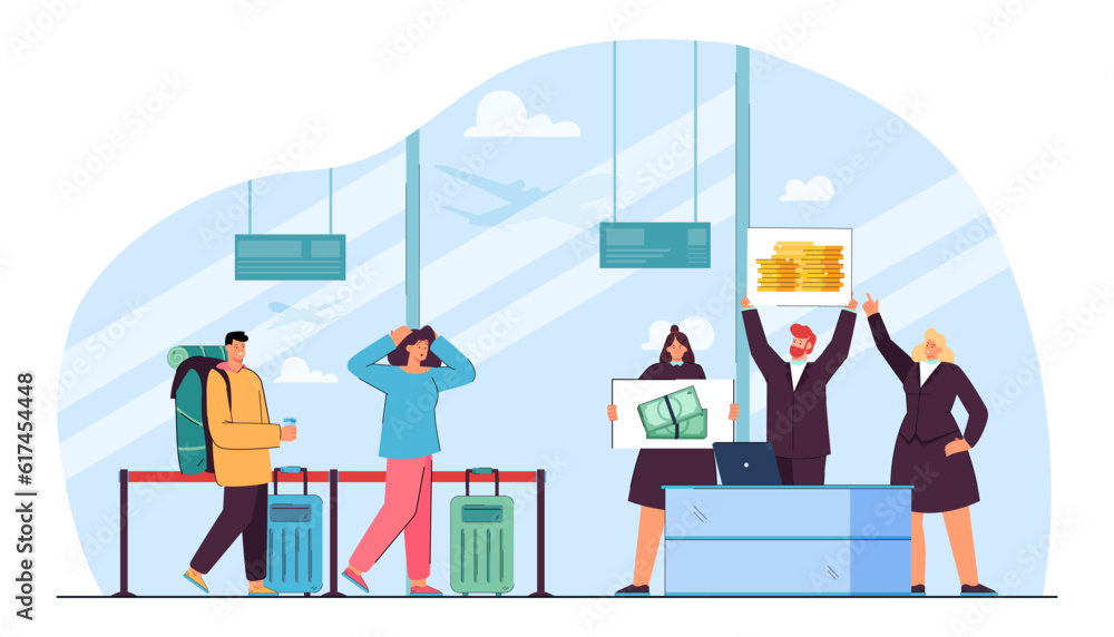 Airport staff refusing to work vector illustration. Shocked tourists missing flight because of worker strikes over wages and working conditions. Summer, travel chaos, rally concept Airport staff refusing to work vector illustration. Shocked tourists missing flight because of worker strikes over wages and working conditions. Summer, travel chaos, rally concept