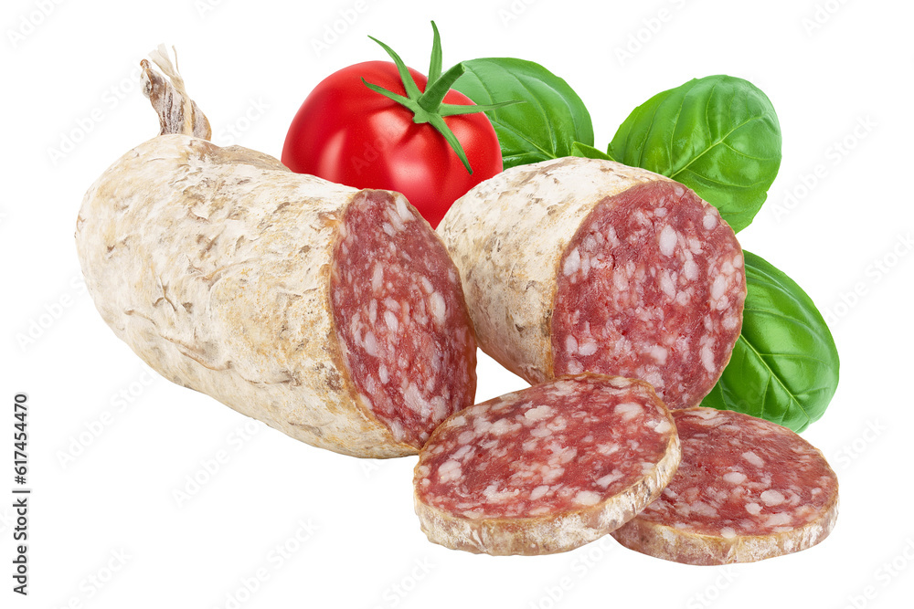 Cured salami sausage isolated on white background. Italian cuisine with full depth of field