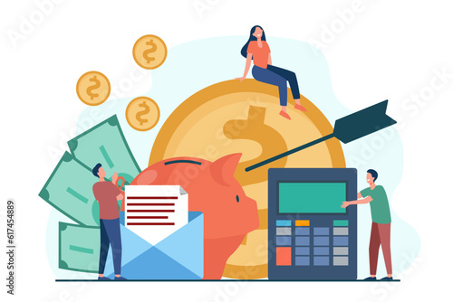 Tiny people managing budget and savings vector illustration. Cartoon drawing of financial goal, huge piggybank, calculator, people tracking expenses. Budgeting, savings, finances concept