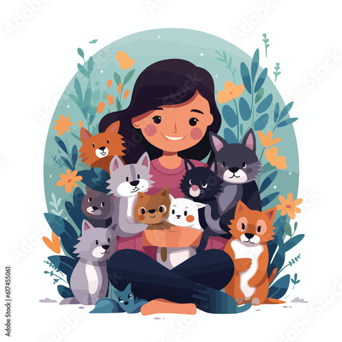 A heartwarming National Pet Day flat illustration showcasing a joyful child surrounded by a diverse array of pets, including dogs, cats, rabbits, and birds, each with unique markings and colors. The c