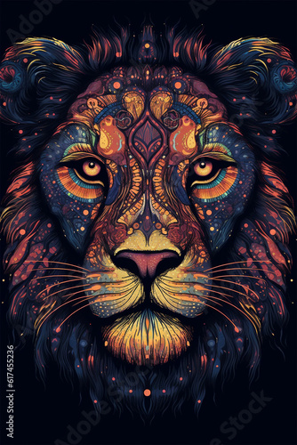 Colorful lion head abstract illustration isolated on black background.Created with generative ai