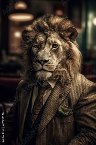 Portrait of a lion in a suit.Animal mafia concept.Created with generative ai