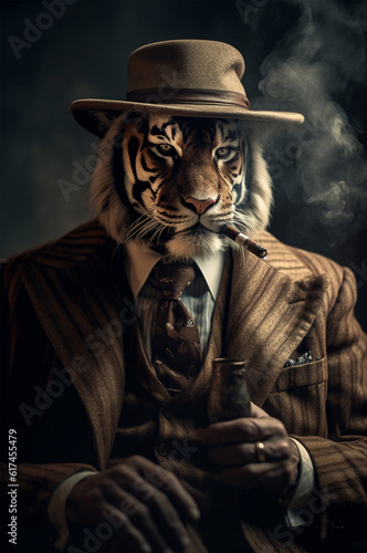 Portrait of a tiger in a suit.Animal mafia concept.Created with generative ai