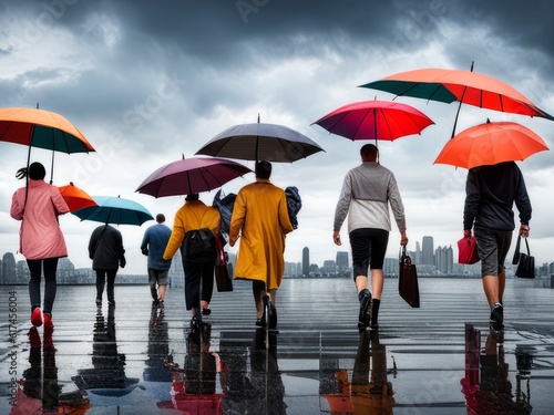 group of people walking in the rain