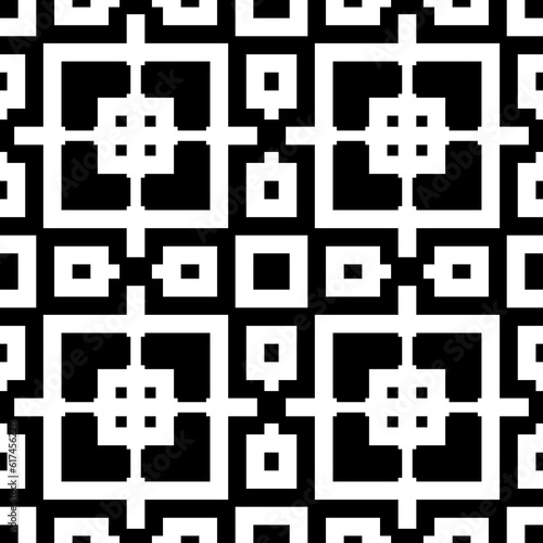 Seamless Chinese window tracery pattern. Repeated stylized white squares and crossed lines on black background. Lattice motif. Symmetric geometric grid wallpaper. Digital paper. Vector illustration