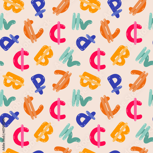 Playful simple seamless pattern with different international currency symbols. Bright background with hand drawn doodle of money signs in naive style for wrapping paper, background, fabric, scrapbook