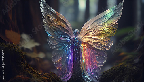 Fairy with transparent rainbow wings in an enchanted magical forest Ai generated image © TrendyImages