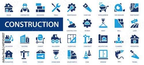 Construction icons set. Flat web icon set construction, home repair tools. Construction vehicle, elements, tools.