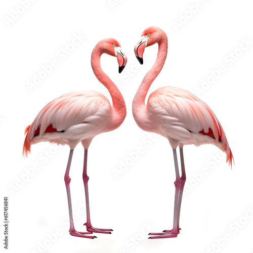 Two flamingo birds on a white background