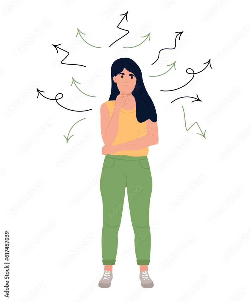Confused girl makes a choice. A person thinks, chooses, makes decisions. Arrows in different directions. Confused girl makes a choice. A person thinks, chooses, makes decisions. Arrows in different directions.