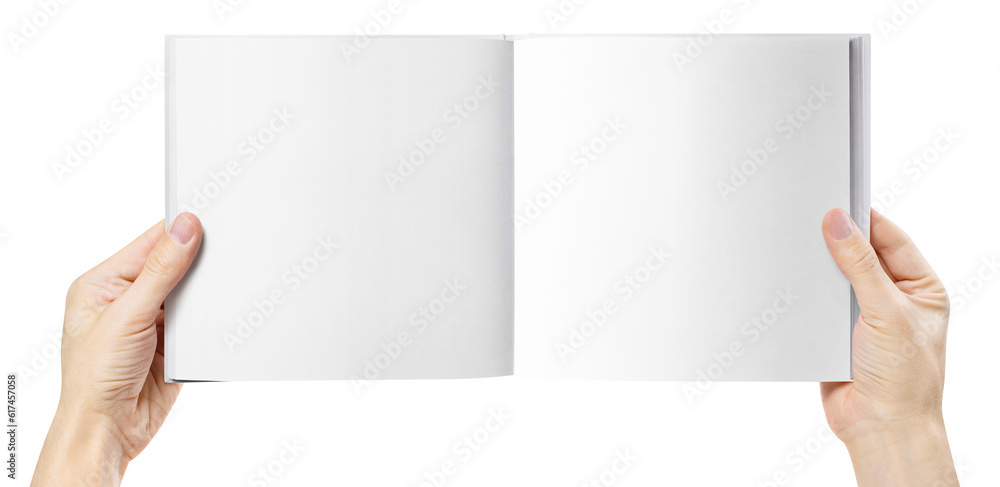 Hands holding open square book or album with blank pages, cut out Hands holding open square book or album with blank pages, cut out