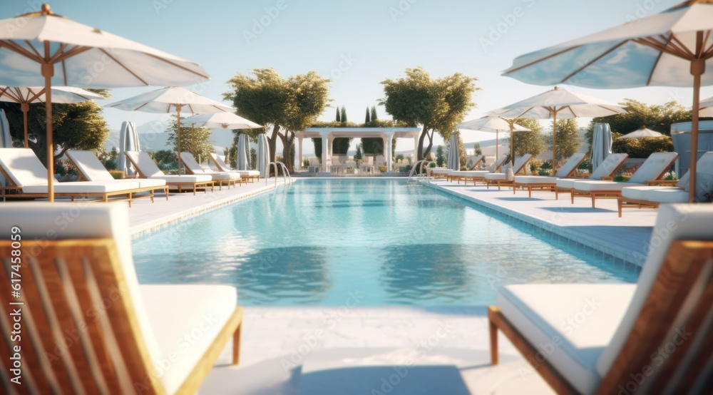 A pool surrounded by lounge chairs, umbrellas, and neatly arranged towels, evoking a sense of relaxation and luxury, perfect for travel and lifestyle publications. Generative AI