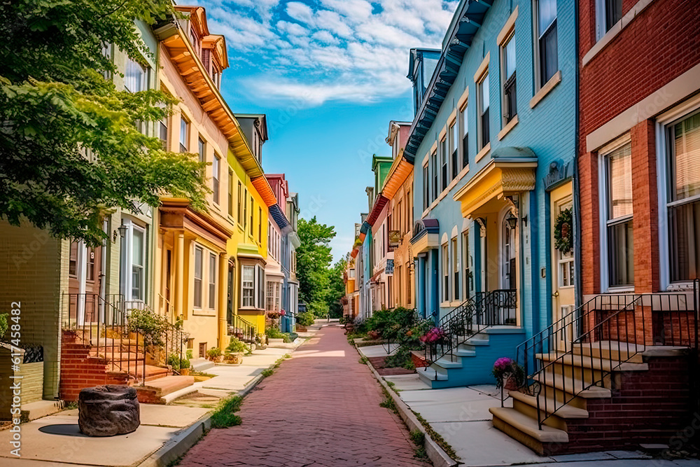 A colorful and vibrant street with row houses. Generative AI