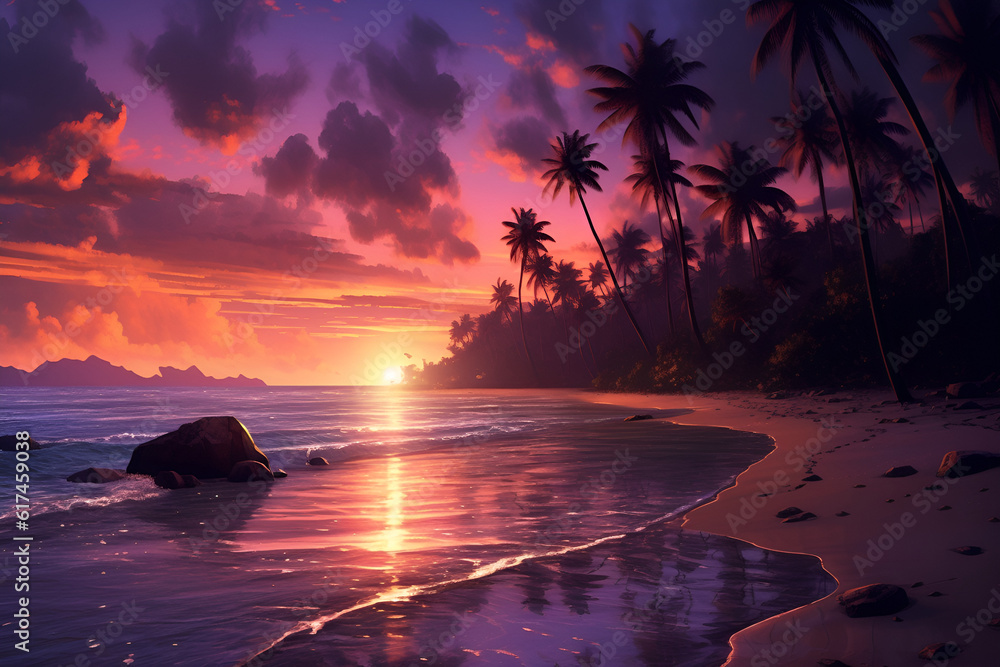 sunset on the beach, Beautiful bright sunset on a tropical beach. Generative AI