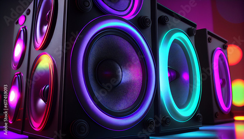 Group of sound speakers in neon light. Background with selective focus Ai generated image