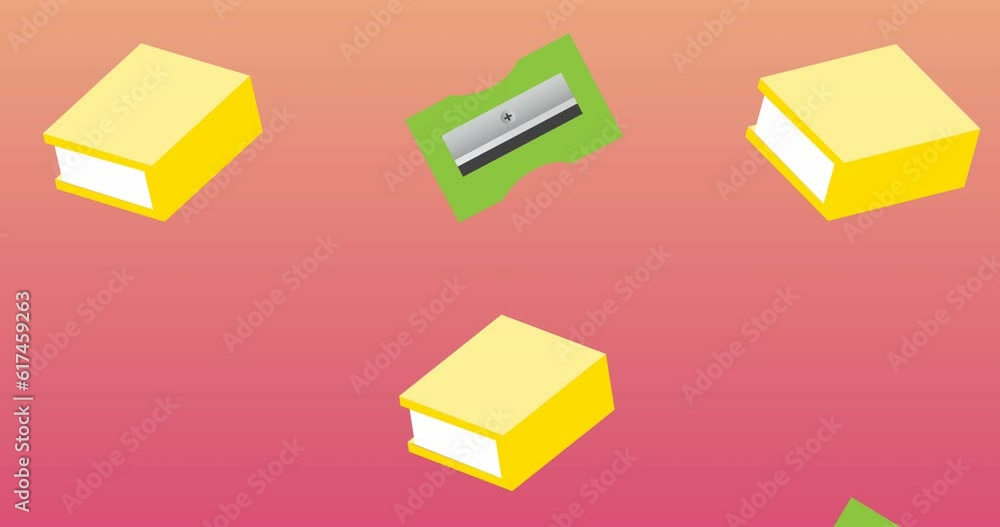 Animation of books and sharpeners moving against gradient background Animation of books and sharpeners moving against gradient background